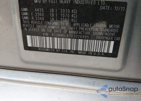 2013 Subaru Legacy 2.5I Limited из США, поврежденный, VIN 4S3BMBL67D3026995